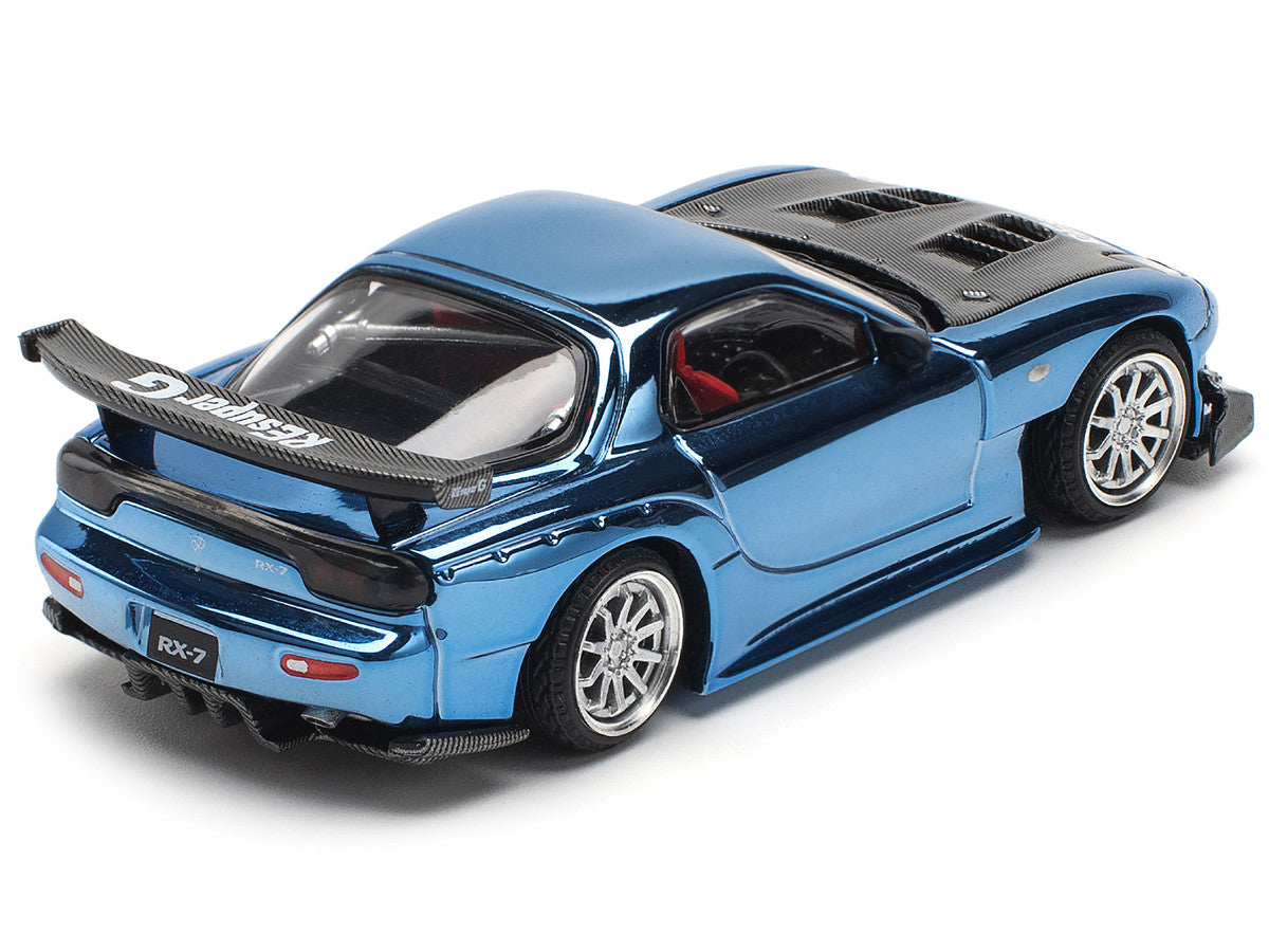 Mazda RX-7 RE-Amemiya Widebody RHD (Right Hand Drive) Blue Chrome with Carbon Hood 1/64 Diecast Model Car by Pop Race-1