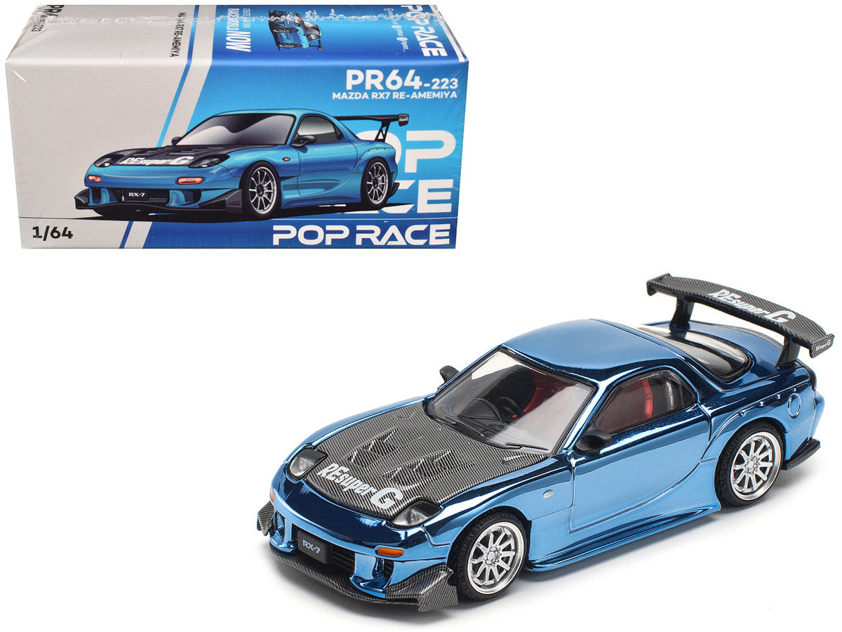 Mazda RX-7 RE-Amemiya Widebody RHD (Right Hand Drive) Blue Chrome with Carbon Hood 1/64 Diecast Model Car by Pop Race-4