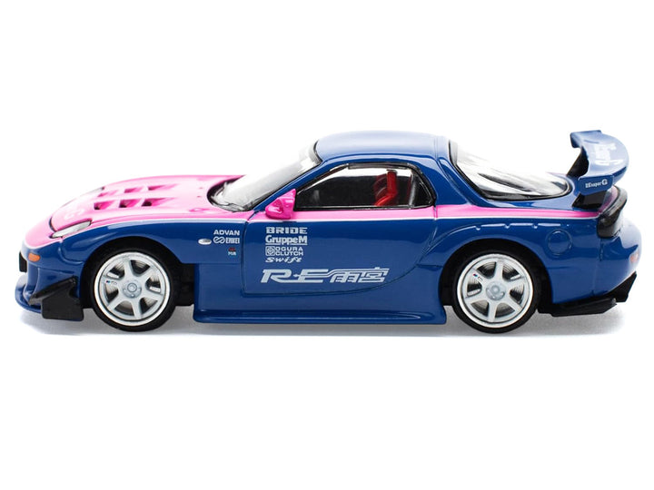 Mazda RX-7 RE-Amemiya Widebody RHD (Right Hand Drive) Blue with Pink Hood and Stripes 1/64 Diecast Model Car by Pop Race