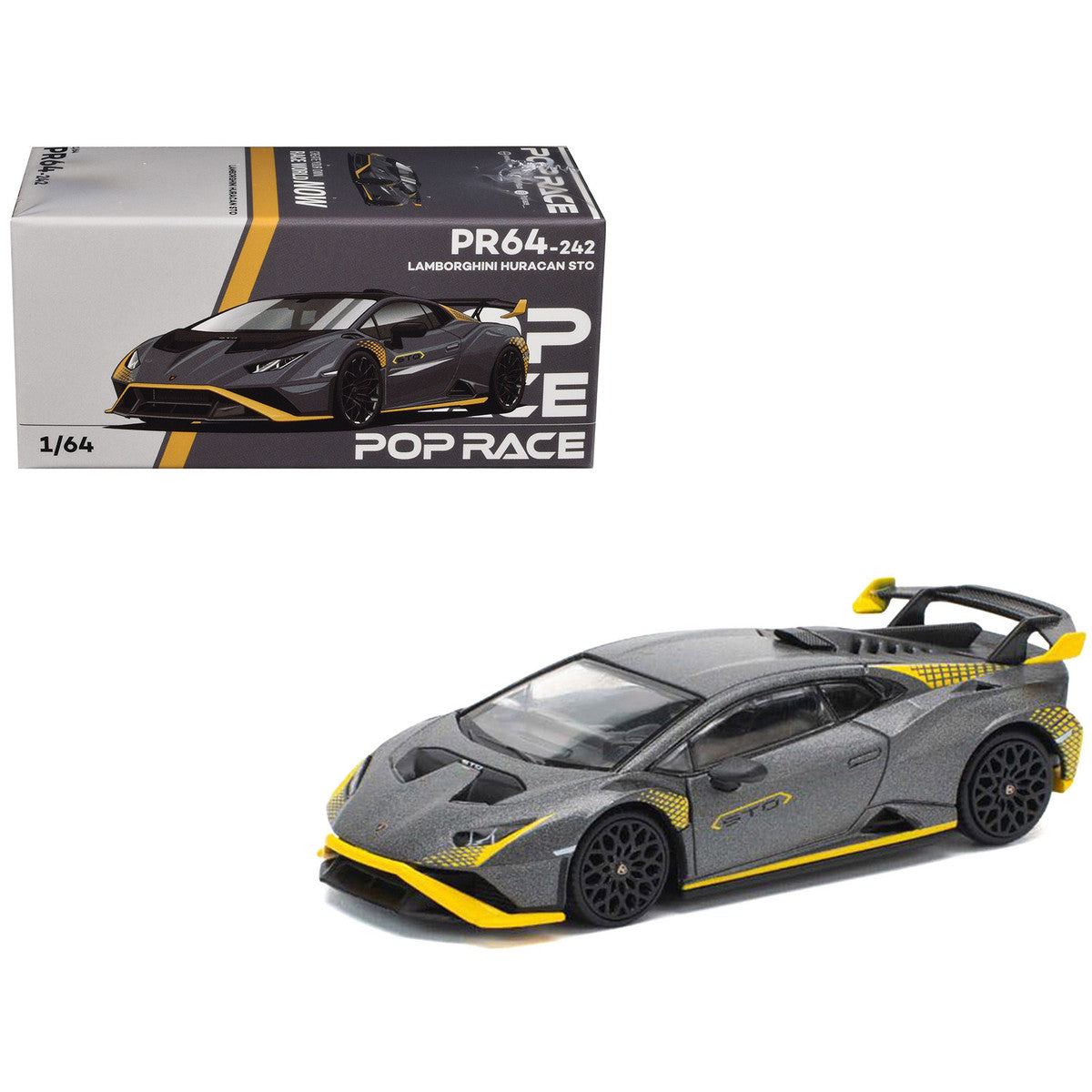 Lamborghini Huracan STO Matt Gray Metallic with Yellow Accents 1/64 Diecast Model Car by Pop Race