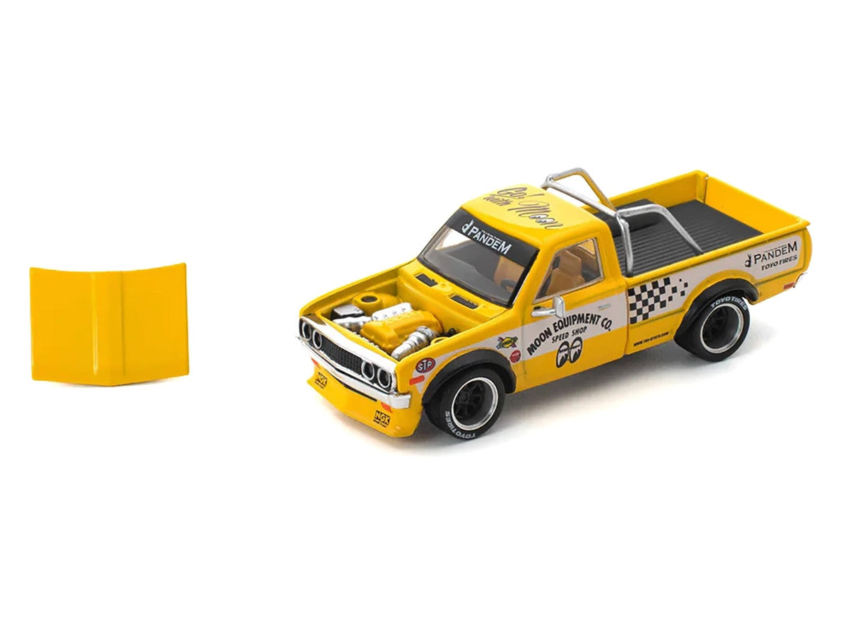 Datsun Pandem 620 Pickup Truck "MoonEyes" Yellow with White Sides and Graphics 1/64 Diecast Model Car by Pop Race-0