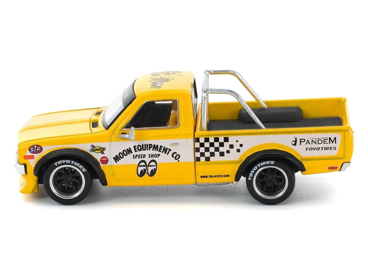 Datsun Pandem 620 Pickup Truck "MoonEyes" Yellow with White Sides and Graphics 1/64 Diecast Model Car by Pop Race-1