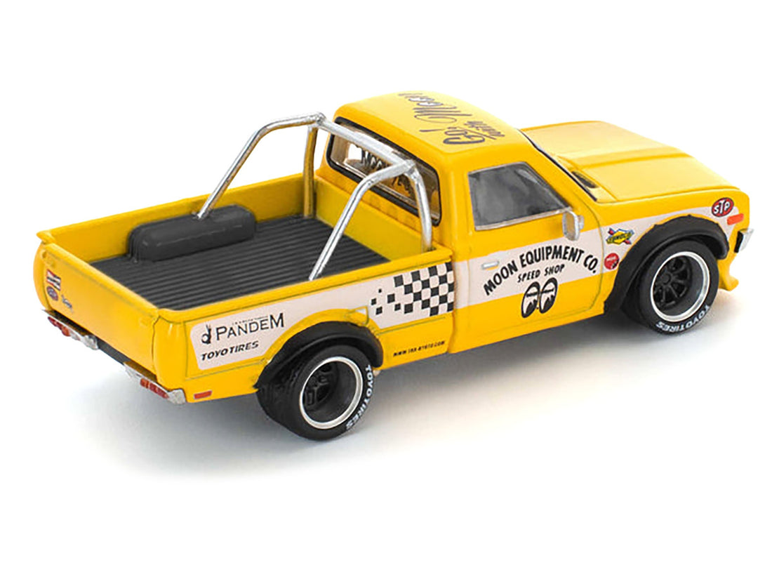 Datsun Pandem 620 Pickup Truck "MoonEyes" Yellow with White Sides and Graphics 1/64 Diecast Model Car by Pop Race-3
