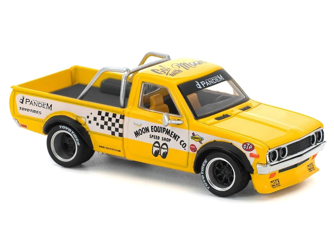 Datsun Pandem 620 Pickup Truck "MoonEyes" Yellow with White Sides and Graphics 1/64 Diecast Model Car by Pop Race-2