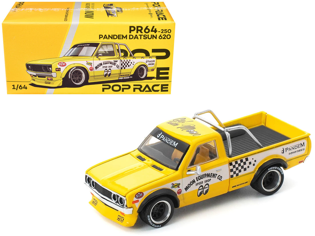 Datsun Pandem 620 Pickup Truck "MoonEyes" Yellow with White Sides and Graphics 1/64 Diecast Model Car by Pop Race-4