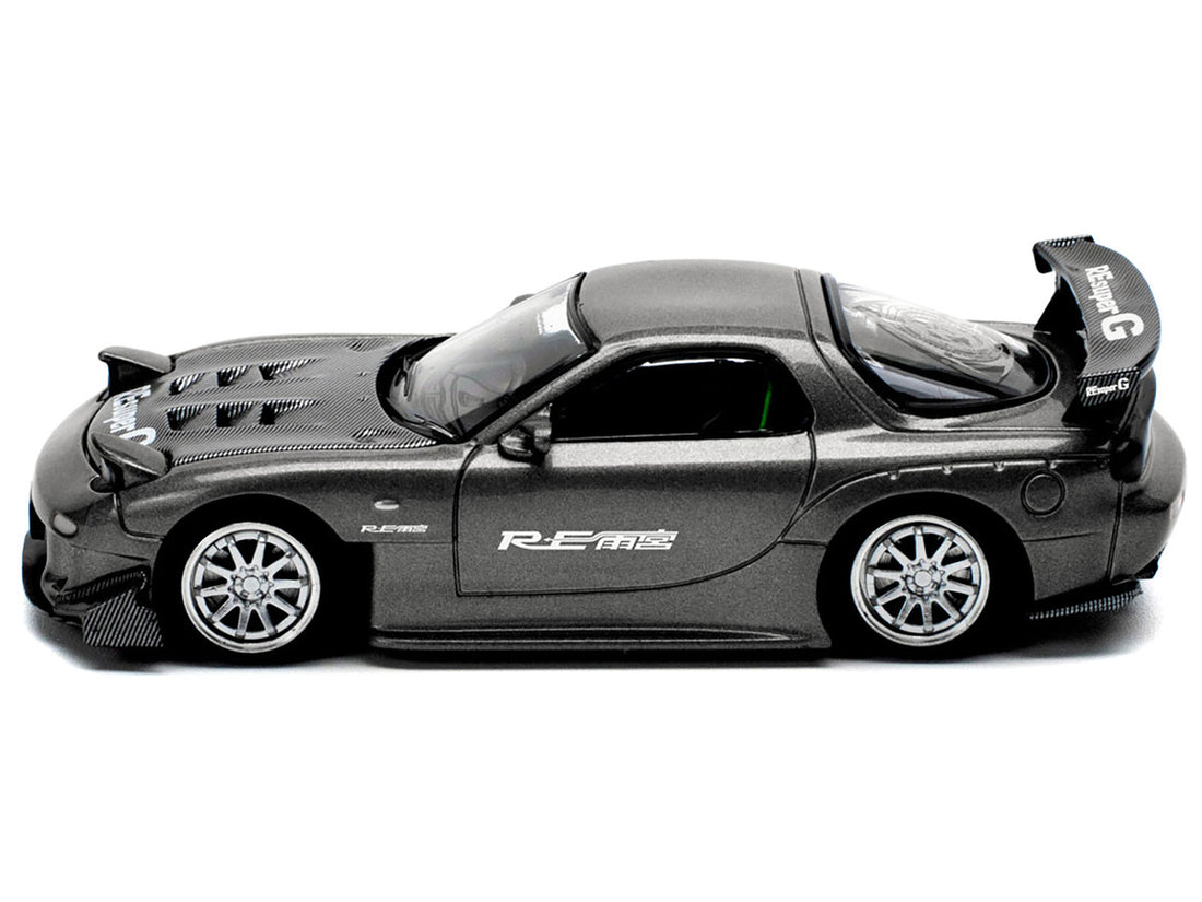 Mazda RX7 (FD) "RE Amemiya" Widebody RHD (Right Hand Drive) Gunmetal Gray Metallic with Carbon Hood 1/64 Diecast Model Car by Pop Race-2