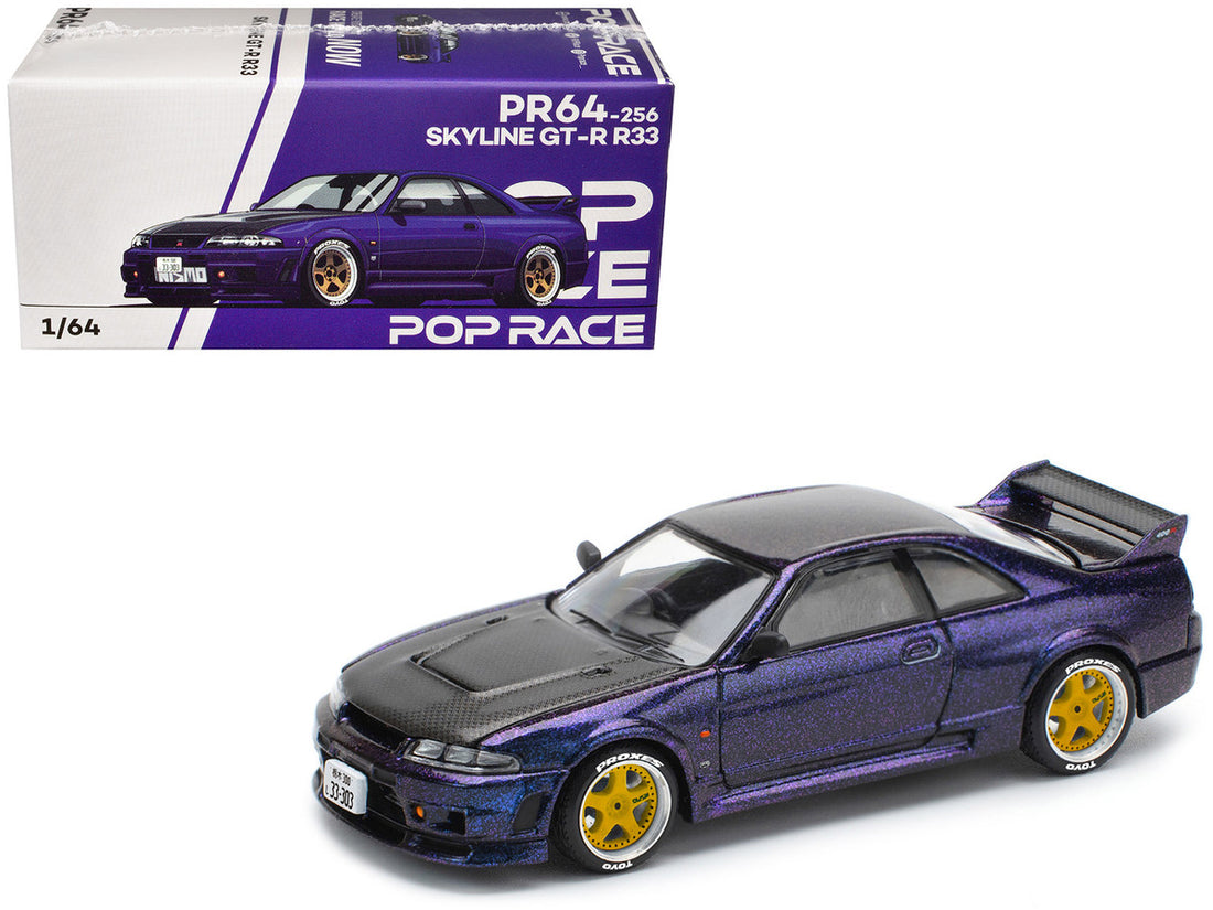 Nissan Skyline GT-R (R33) RHD (Right Hand Drive) Midnight Purple Metallic with Carbon Hood 1/64 Diecast Model Car by Pop Race 5