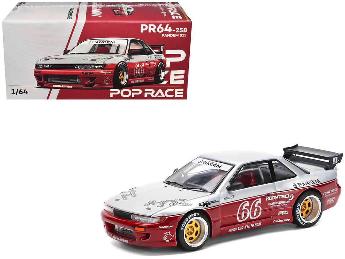 Nissan Pandem S13 RHD (Right Hand Drive) #66 "Moontech" Silver and Red Metallic 1/64 Diecast Model Car by Pop Race