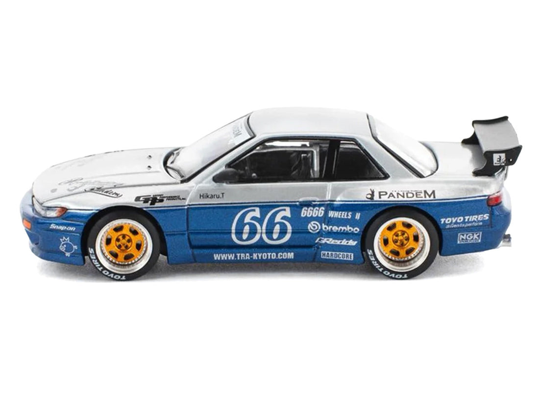 Pandem S13 RHD (Right Hand Drive) Silver and Moontech Blue Metallic with Graphics 1/64 Diecast Model Car by Pop Race 4