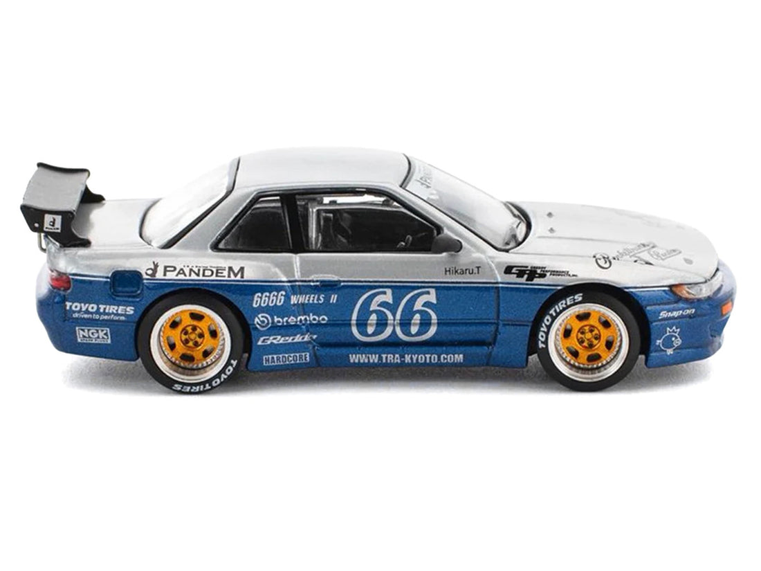 Pandem S13 RHD (Right Hand Drive) Silver and Moontech Blue Metallic with Graphics 1/64 Diecast Model Car by Pop Race 5
