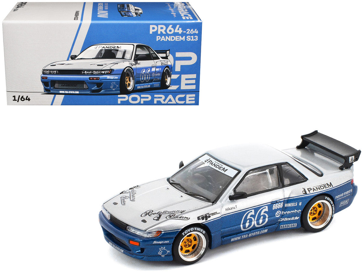 Pandem S13 RHD (Right Hand Drive) Silver and Moontech Blue Metallic with Graphics 1/64 Diecast Model Car by Pop Race 2