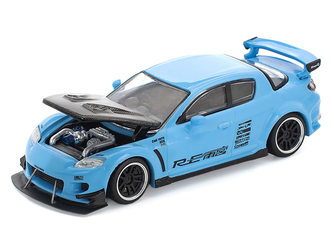 Mazda RX8 RE-Amemiya Widebody RHD (Right Hand Drive) Light Blue with Carbon Hood 1/64 Diecast Model Car by Pop Race 3