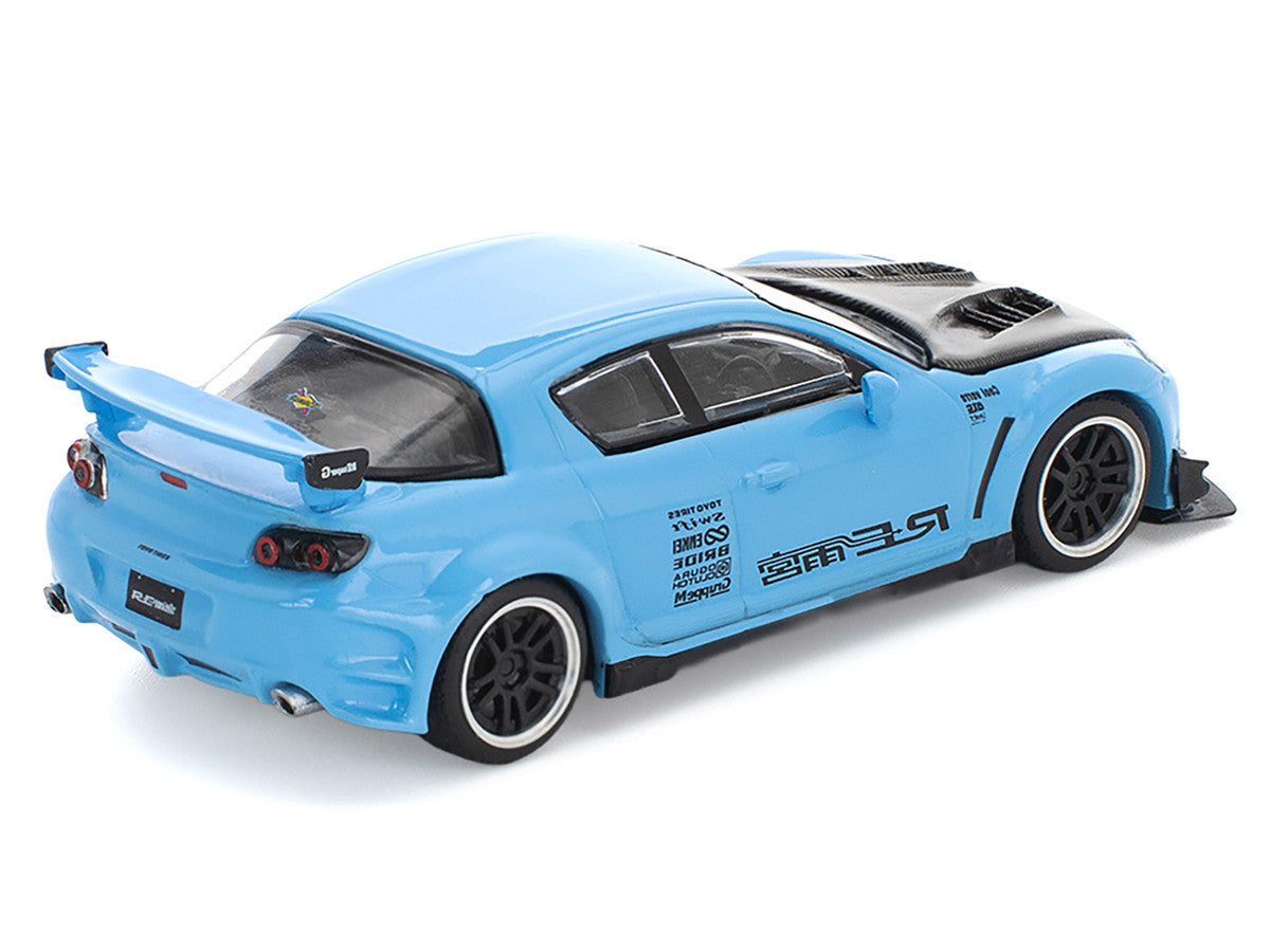 Mazda RX8 RE-Amemiya Widebody RHD (Right Hand Drive) Light Blue with Carbon Hood 1/64 Diecast Model Car by Pop Race 4