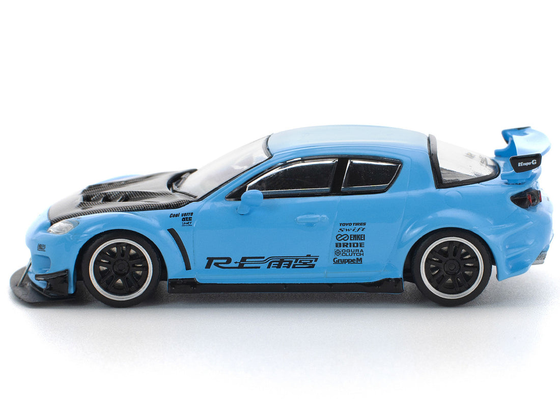 Mazda RX8 RE-Amemiya Widebody RHD (Right Hand Drive) Light Blue with Carbon Hood 1/64 Diecast Model Car by Pop Race 5