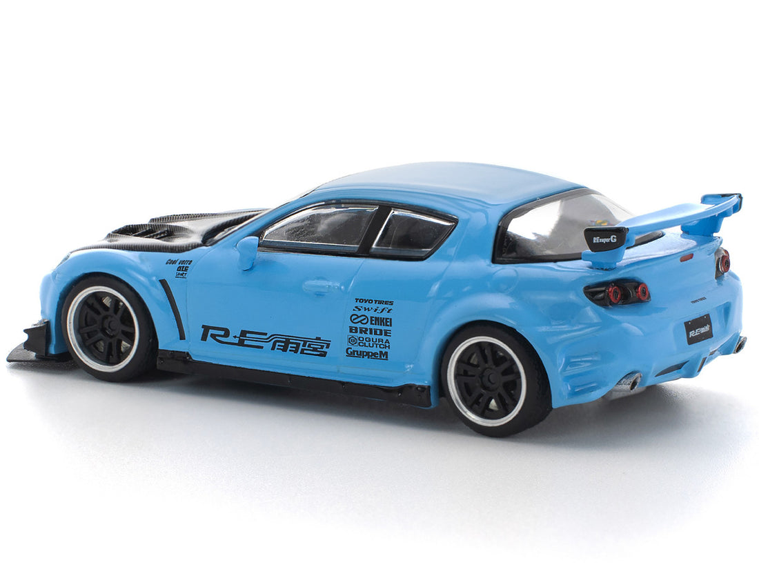 Mazda RX8 RE-Amemiya Widebody RHD (Right Hand Drive) Light Blue with Carbon Hood 1/64 Diecast Model Car by Pop Race