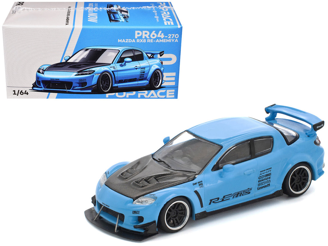 Mazda RX8 RE-Amemiya Widebody RHD (Right Hand Drive) Light Blue with Carbon Hood 1/64 Diecast Model Car by Pop Race 