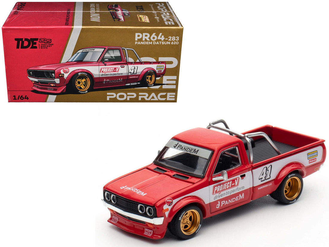 Datsun Pandem 620 Pickup Truck #41 Red Metallic with White Stripes and Graphics "2025 Thailand Diecast Expo" 1/64 Diecast Model Car by Pop Race 2