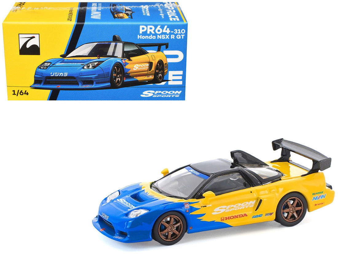 Honda NSX-R GT RHD (Right Hand Drive) "Spoon Sports" Blue and Yellow with Black Top 1/64 Diecast Model Car by Pop Race 5