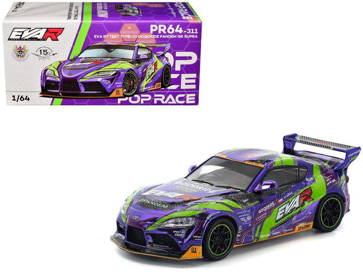 Pop Race Toyota GR Supra Pandem EVA RT Test Type-01 1:64 model and packaging