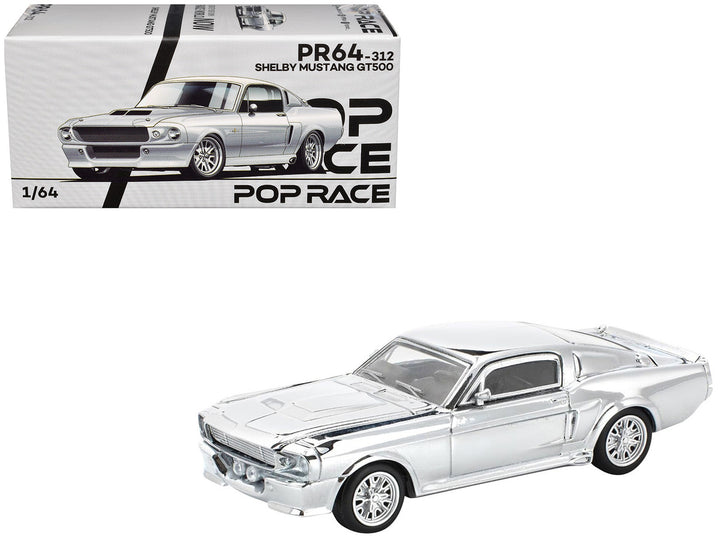 Shelby Mustang GT500 Silver Chrome 1/64 Pop Race collectible model with opening hood.