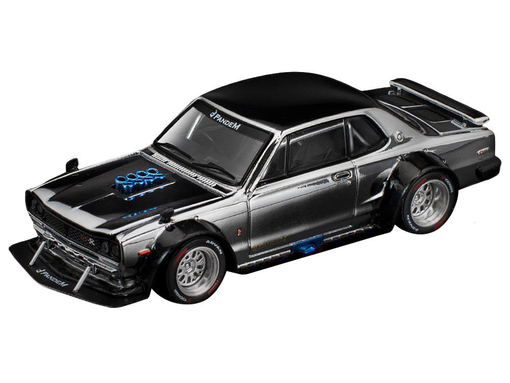 Skyline GT-R V8 Drift "Hakosuka" RHD (Right Hand Drive) Silver Chrome with Black Hood and Top 1/64 Diecast Model Car by Pop Race 2