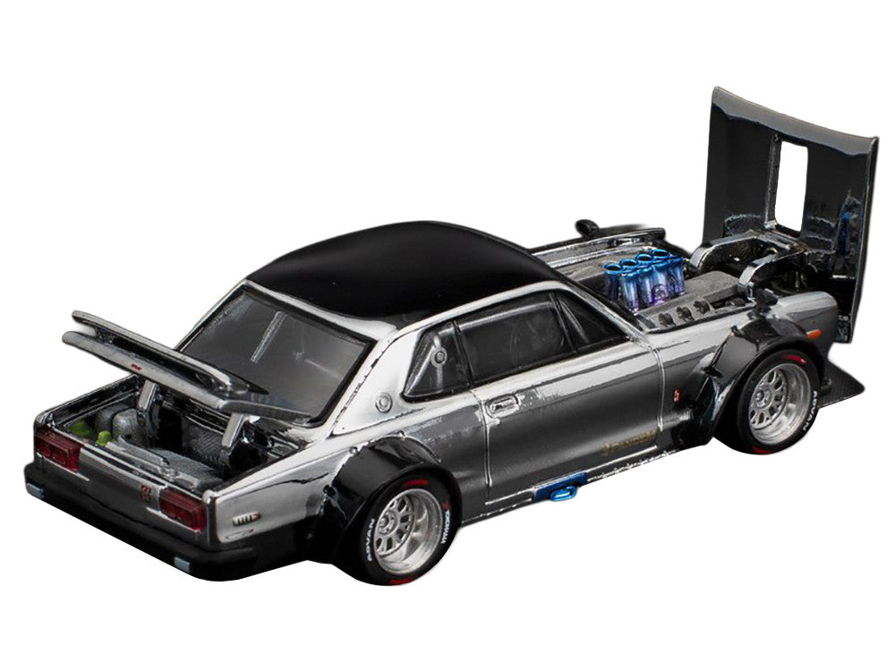 Skyline GT-R V8 Drift "Hakosuka" RHD (Right Hand Drive) Silver Chrome with Black Hood and Top 1/64 Diecast Model Car by Pop Race 3