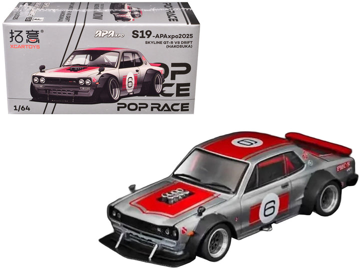 Skyline GT-R V8 Drift "Hakosuka" RHD (Right Hand Drive) #6 Silver Metallic with Red Stripes "APA XPO 2025 Exclusive" 1/64 Diecast Model Car by Pop Race-0