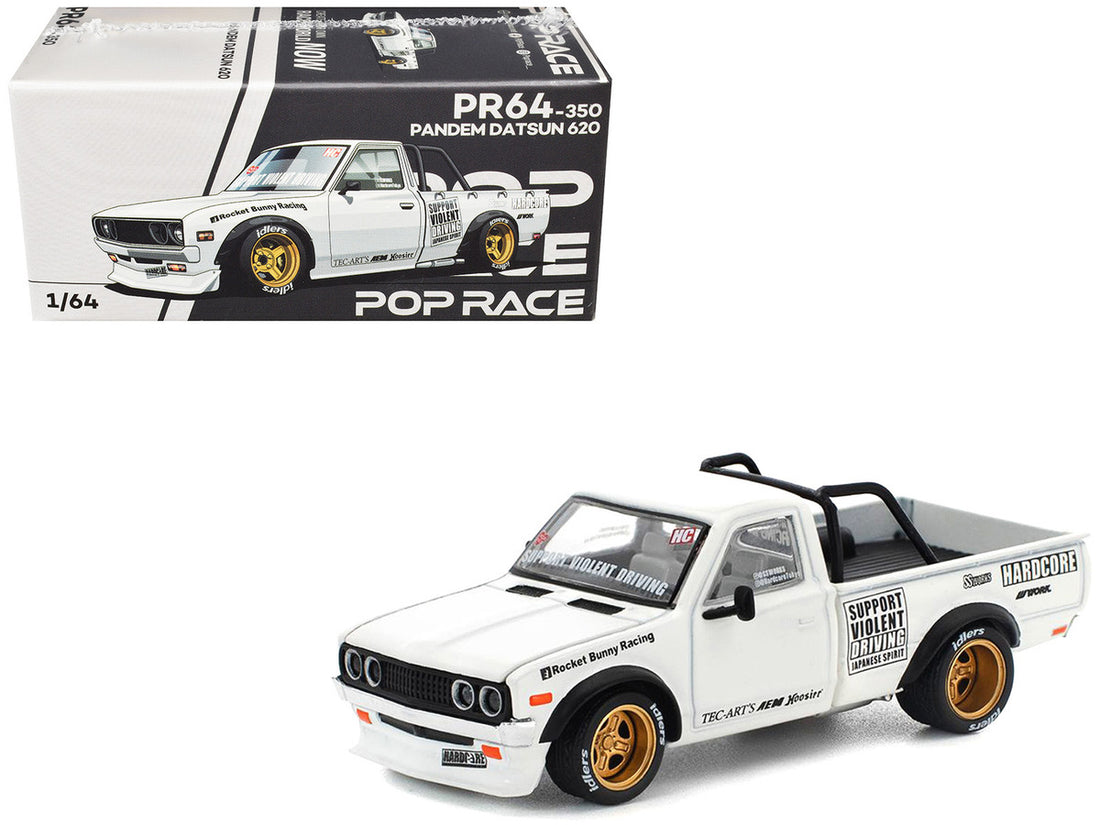 Datsun Pandem 620 Pickup Truck "Rocket Bunny Racing" White with Graphics 1/64 Diecast Model Car by Pop Race 5