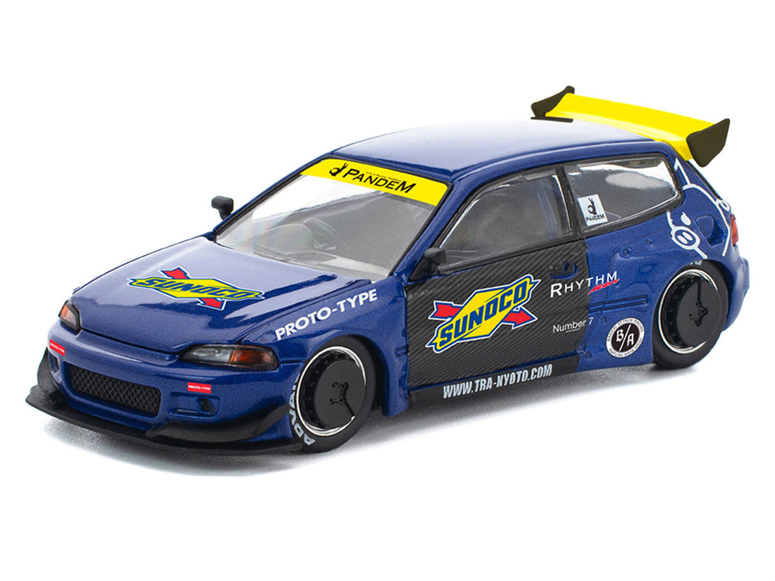 Pandem Civic EG6 RHD (Right Hand Drive) "Sunoco" Blue Metallic with Yellow Accents 1/64 Diecast Model Car by Pop Race 2