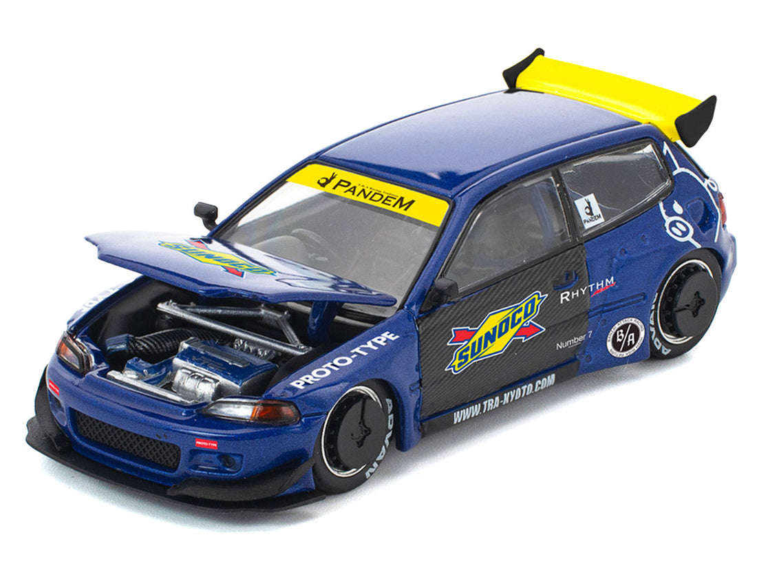 Pandem Civic EG6 RHD (Right Hand Drive) "Sunoco" Blue Metallic with Yellow Accents 1/64 Diecast Model Car by Pop Race 3