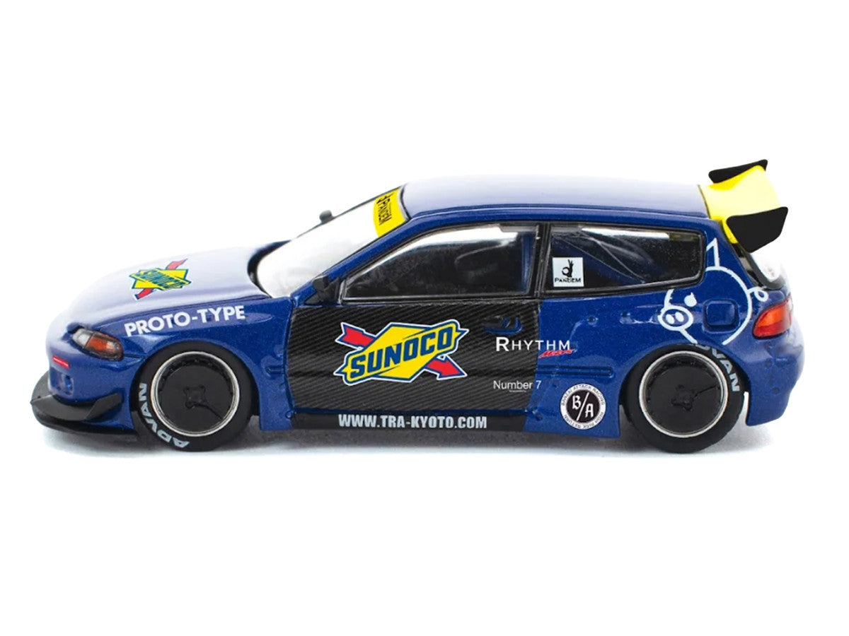 Pandem Civic EG6 RHD (Right Hand Drive) "Sunoco" Blue Metallic with Yellow Accents 1/64 Diecast Model Car by Pop Race 4
