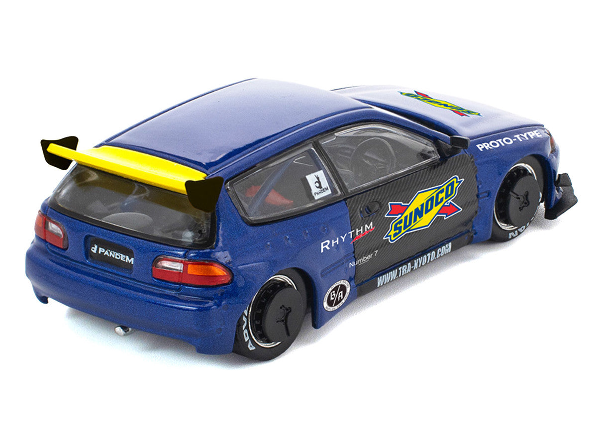Pandem Civic EG6 RHD (Right Hand Drive) "Sunoco" Blue Metallic with Yellow Accents 1/64 Diecast Model Car by Pop Race 5