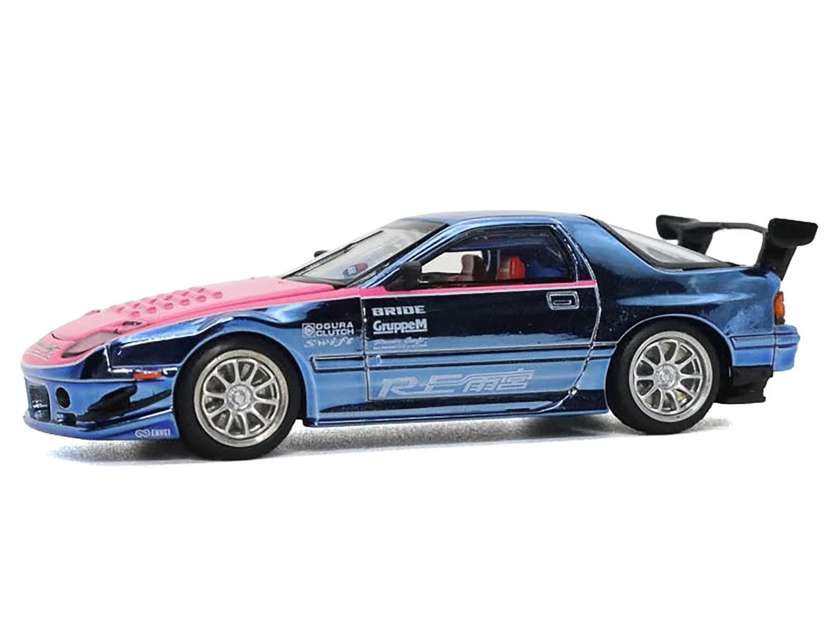 Mazda RX7 (FC3S) RE Amemiya RHD (Right Hand Drive) Blue Metallic with Pink Hood "Los Angeles Edition" 1/64 Diecast Model Car by Pop Race-0
