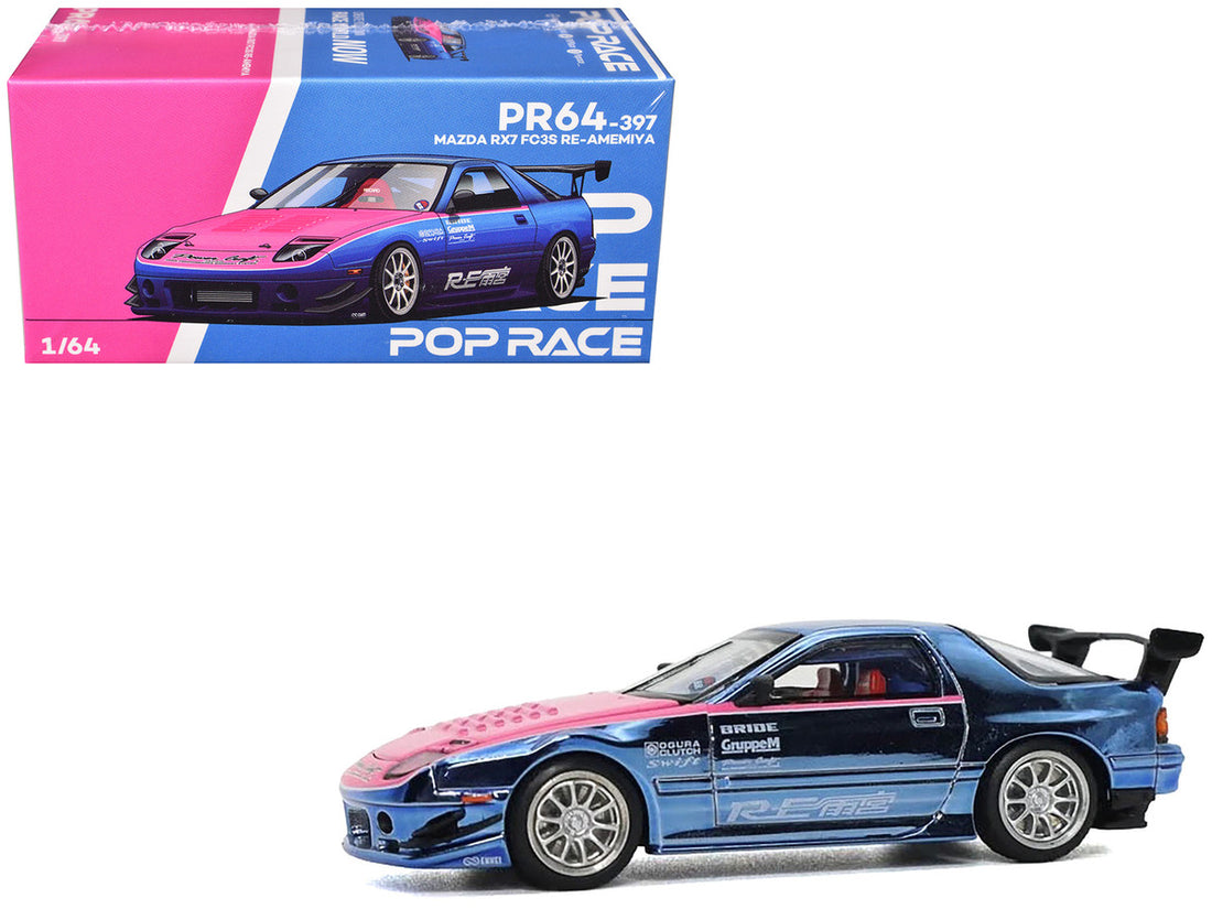Mazda RX7 (FC3S) RE Amemiya RHD (Right Hand Drive) Blue Metallic with Pink Hood "Los Angeles Edition" 1/64 Diecast Model Car by Pop Race-2