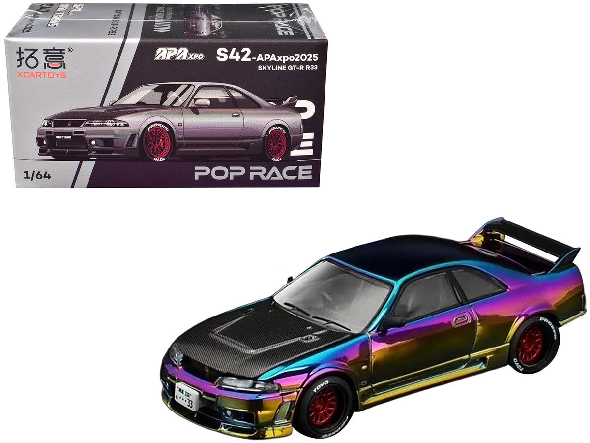 Skyline GT-R (R33) RHD (Right Hand Drive) Chameleon Chrome with Carbon Hood "APA XPO 2025 Exclusive" 1/64 Diecast Model Car by Pop Race 4