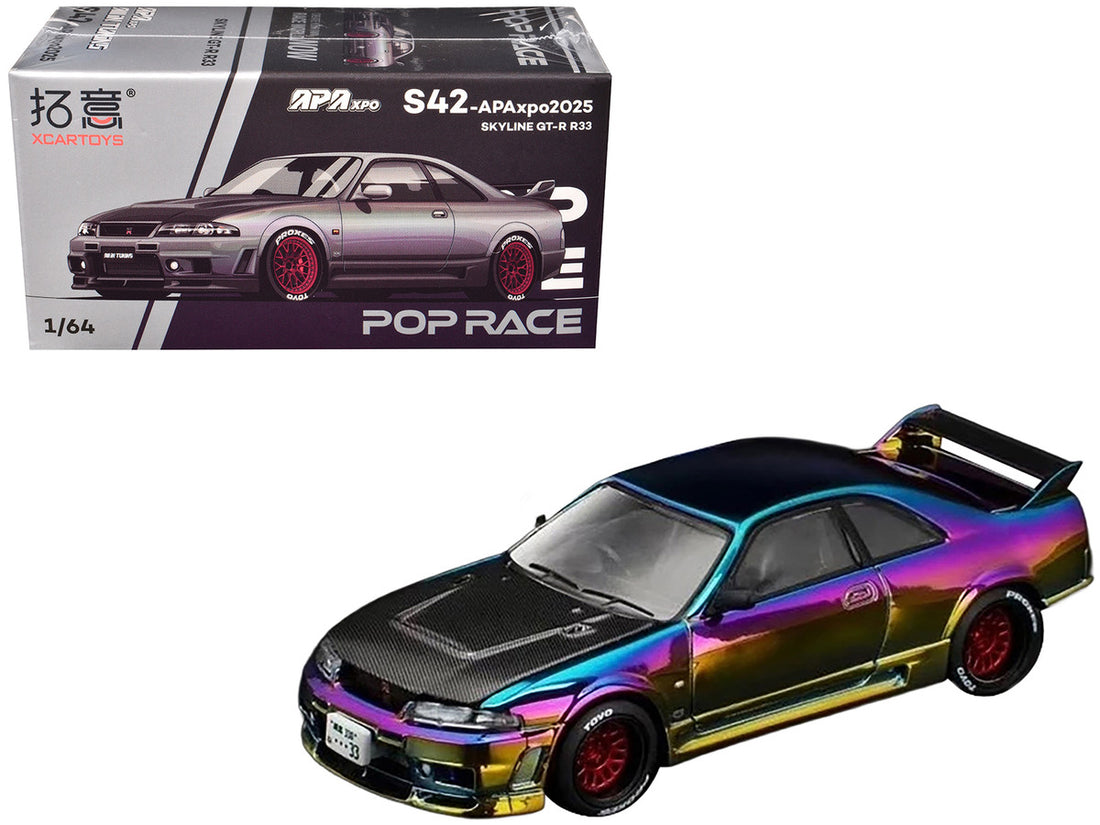 Skyline GT-R (R33) RHD (Right Hand Drive) Chameleon Chrome with Carbon Hood "APA XPO 2025 Exclusive" 1/64 Diecast Model Car by Pop Race 4