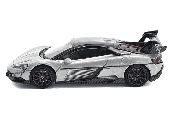 Yangwang U9 Silver Metallic with Black Top and Stripes 1:64 diecast model car side profile by Pop Race