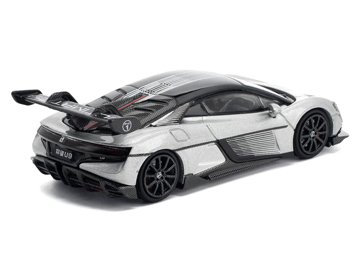 Yangwang U9 Silver Metallic with Black Top and Stripes 1/64 Diecast Model Car by Pop Race