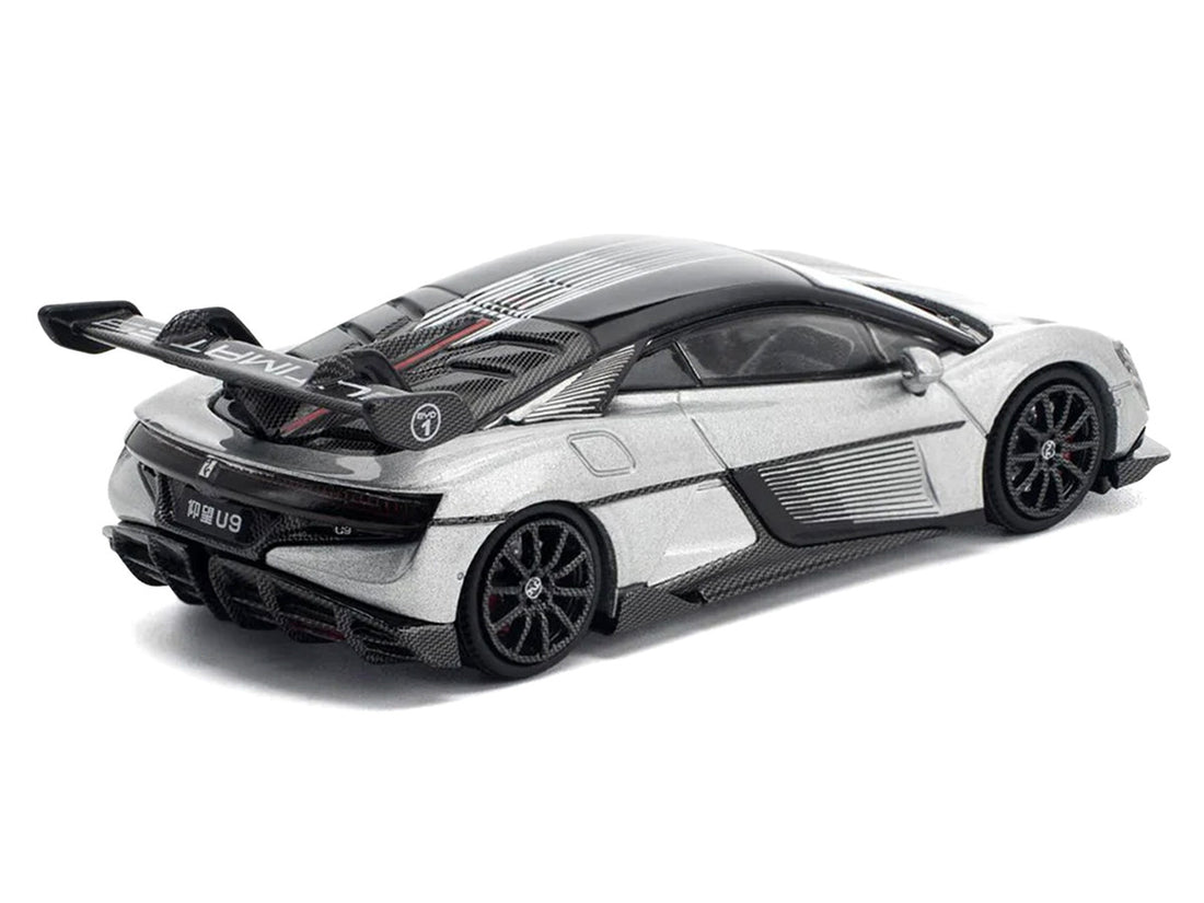 Yangwang U9 Silver Metallic with Black Top and Stripes 1/64 Diecast Model Car by Pop Race