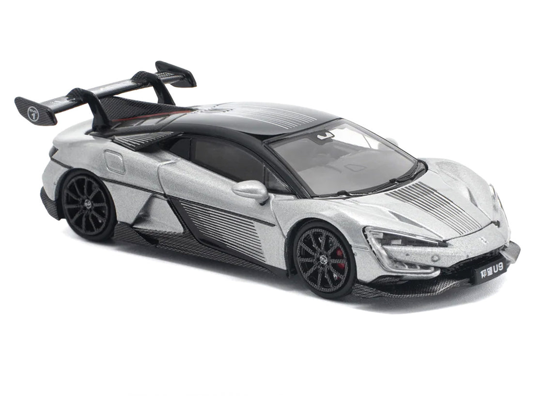 Yangwang U9 Silver Metallic with Black Top and Stripes 1/64 Diecast Model Car by Pop Race