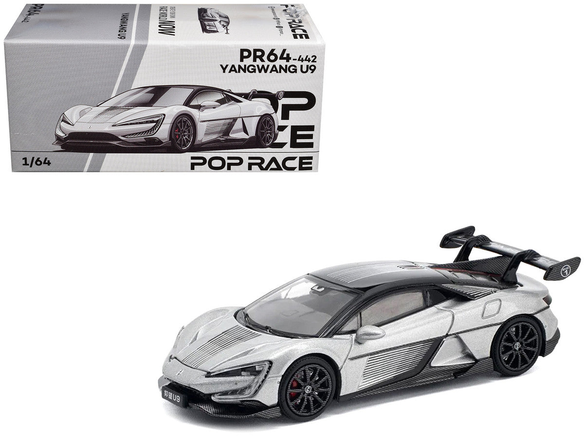 Yangwang U9 Silver Metallic with Black Top and Stripes 1/64 Diecast Model Car by Pop Race