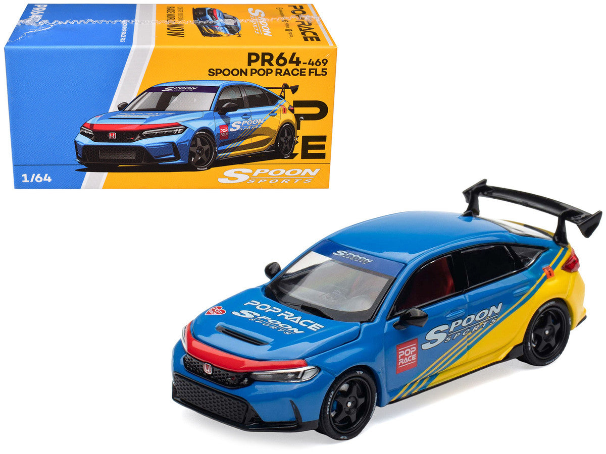 Honda Civic Type R FL5 "Spoon Sports" Blue and Yellow "Tokyo Auto Salon - Hong Kong 2025" 1/64 Diecast Model Car by Pop Race 5