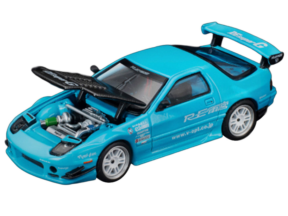 Mazda RX7 (FC3S) RE Amemiya RHD (Right Hand Drive) Light Blue with Carbon Hood "Tokyo Auto Salon 2026" 1/64 Diecast Model Car by Pop Race 2