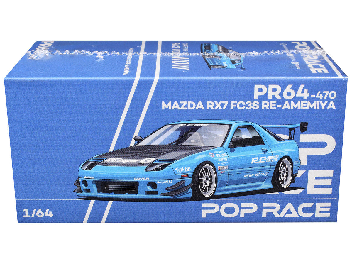Mazda RX7 (FC3S) RE Amemiya RHD (Right Hand Drive) Light Blue with Carbon Hood "Tokyo Auto Salon 2026" 1/64 Diecast Model Car by Pop Race 3