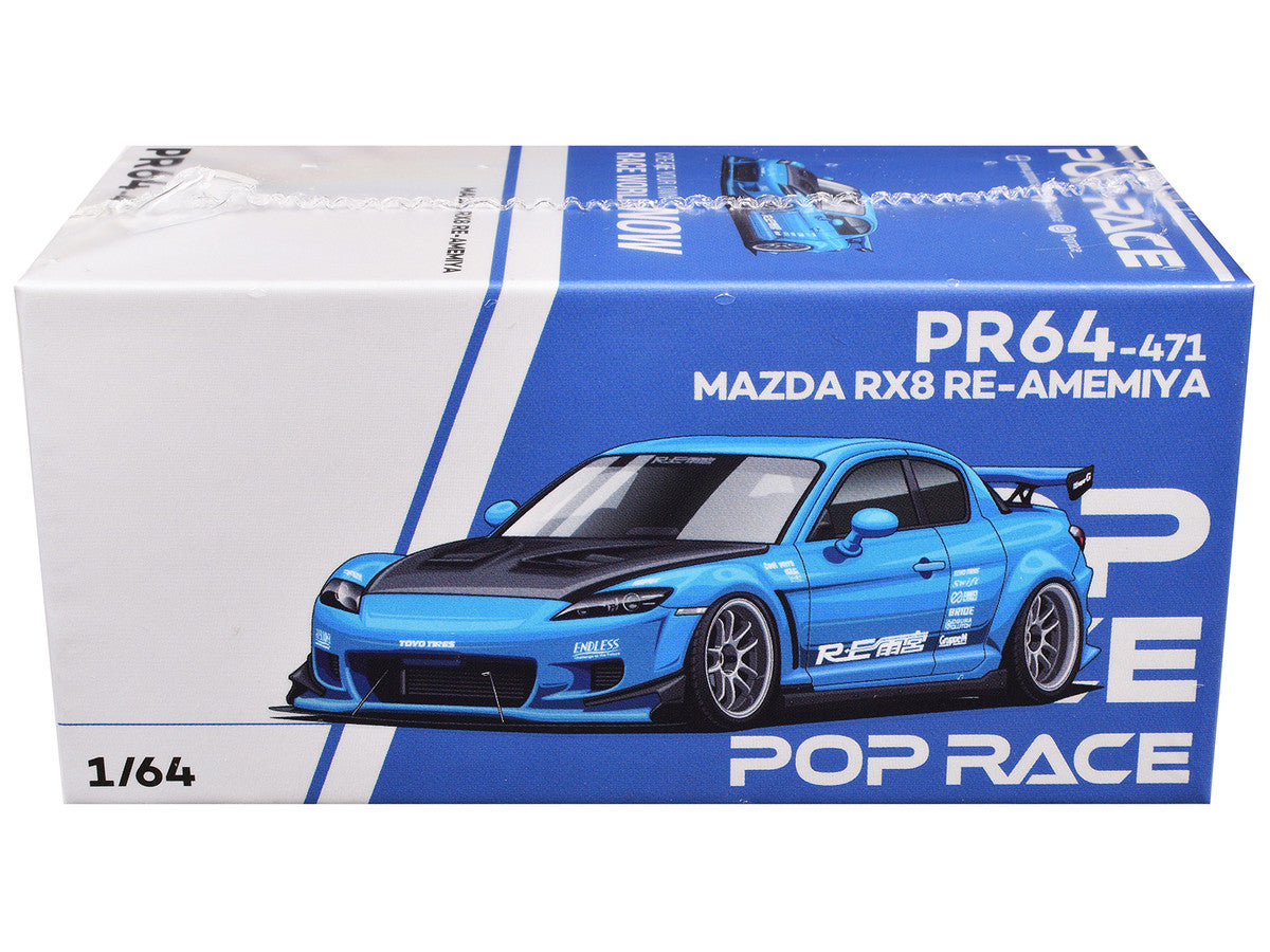 Mazda RX8 RE Amemiya RHD (Right Hand Drive) Light Blue with Carbon Hood "Tokyo Auto Salon 2026" 1/64 Diecast Model Car by Pop Race 2