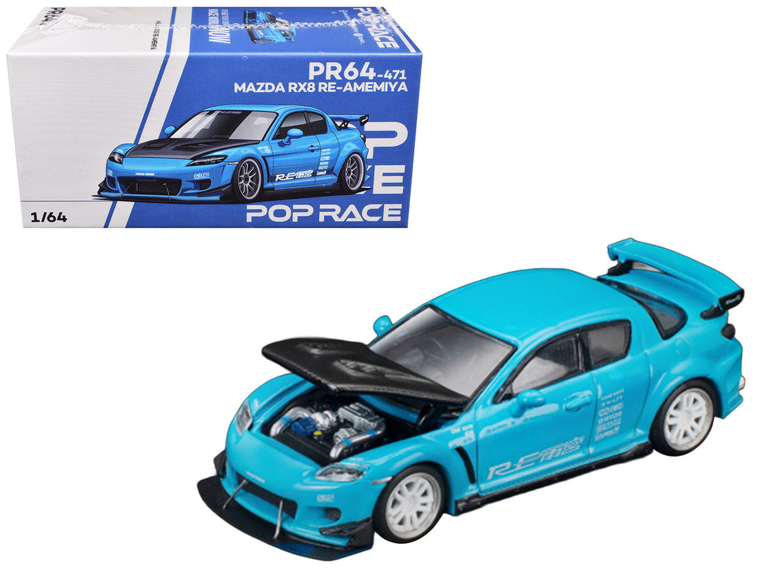 Mazda RX8 RE Amemiya RHD (Right Hand Drive) Light Blue with Carbon Hood "Tokyo Auto Salon 2026" 1/64 Diecast Model Car by Pop Race 3