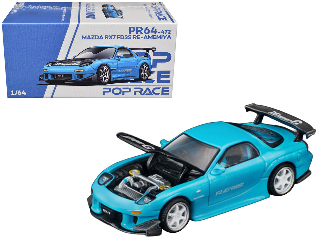 azda RX7 (FD3S) RE Amemiya RHD (Right Hand Drive) Light Blue with Carbon Hood "Tokyo Auto Salon 2026" 1/64 Diecast Model Car by Pop Race