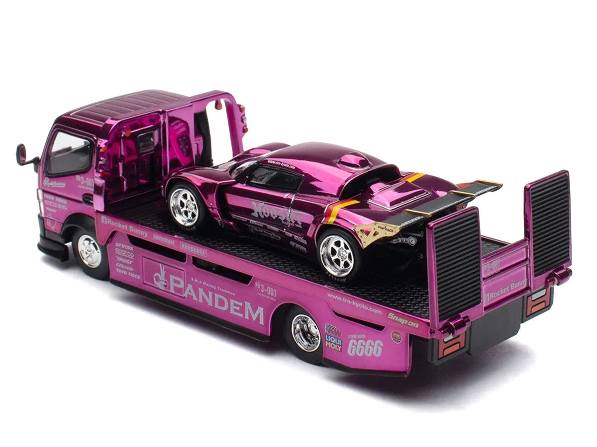 Nissan Pandem Fuso-300 Flatbed Truck RHD (Right Hand Drive) Purple Chrome and Lotus Pandem Elise Purple Chrome with Graphics 2 Car Box Set "Hobby Expo China 2026" 1/64 Diecast Model Car by Pop Race