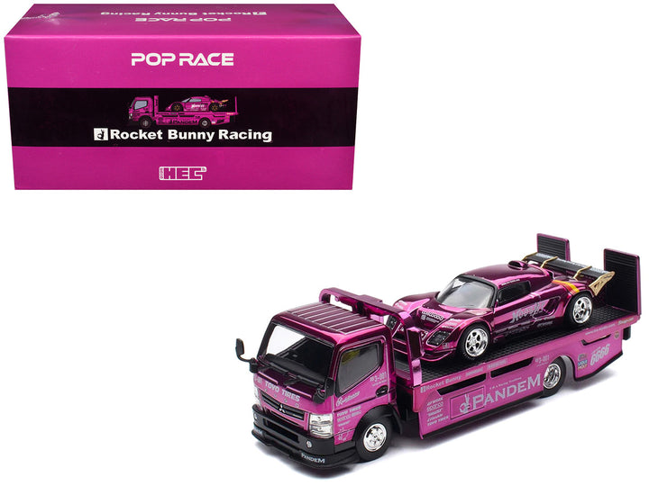 Fuso 300 Pandem flatbed truck with Lotus Elise Purple Chrome 1:64 Pop Race diecast set