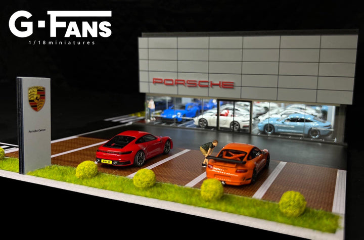 Porsche Showroom 1:64 scale Diorama by G-Fans Parking Lot View